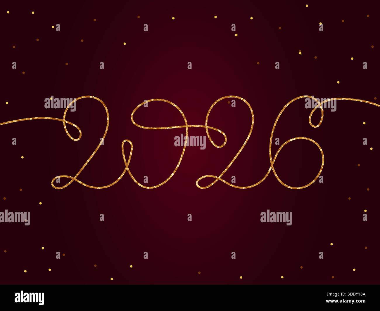 Ein luxuriöses Silvester 2026-Design mit glitzerndem, durchgehenden Linien-Schriftzug in Gold auf einem tiefen, satten burgunderroten Hintergrund, der von strahlenden Funkeln verstreut ist I Stock Vektor