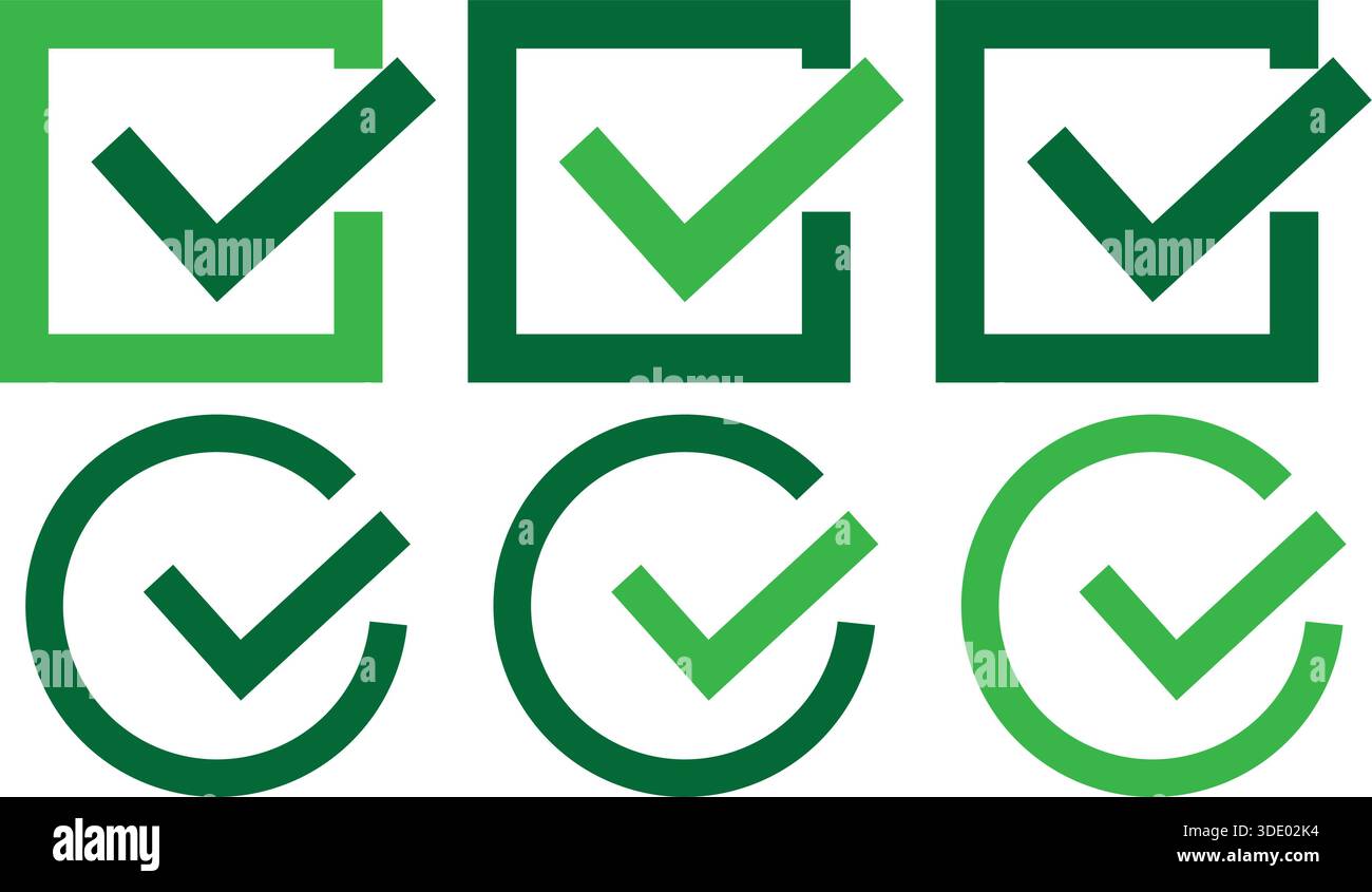 Grüne Häkchen, die den Status „Genehmigung“, „Verifizierung“ und „Abgeschlossen“ anzeigen Stock Vektor
