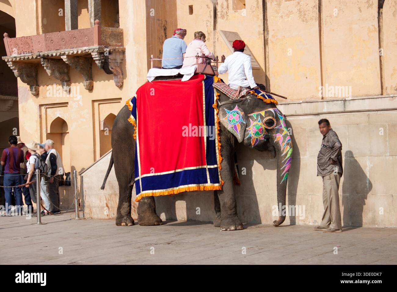 Farbenfrohe, gemalte Dekoration auf Elefanten im Amber Fort in Rajhastan. Stockfoto