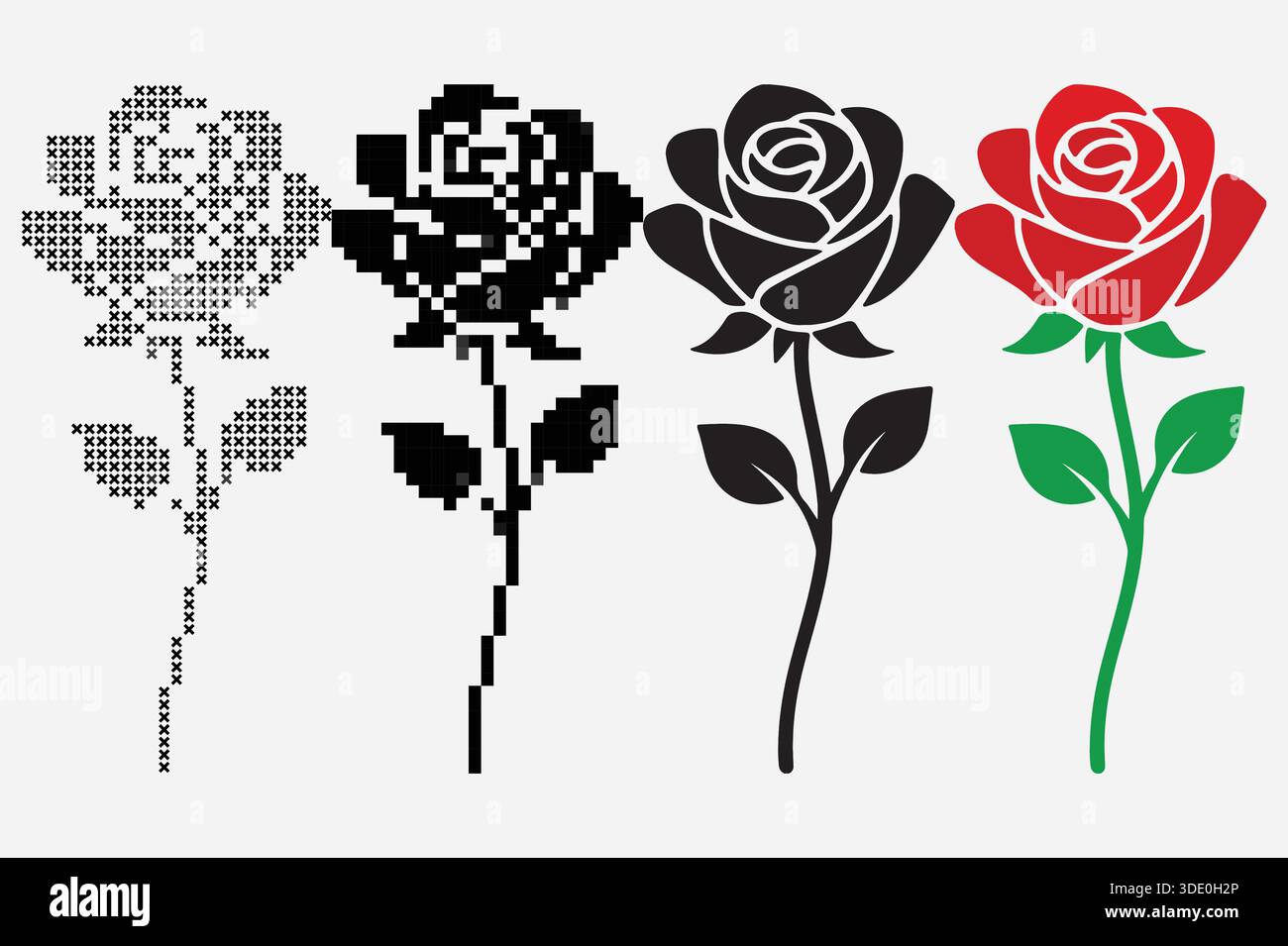 Einzelne rote Rose Silhouette Kreuz Zeichen Vektor Illustration mit flachen Farben glatte Kurven romantisches Blumensymbol ideal für Liebe Gedenkstätte und Dekor Stock Vektor