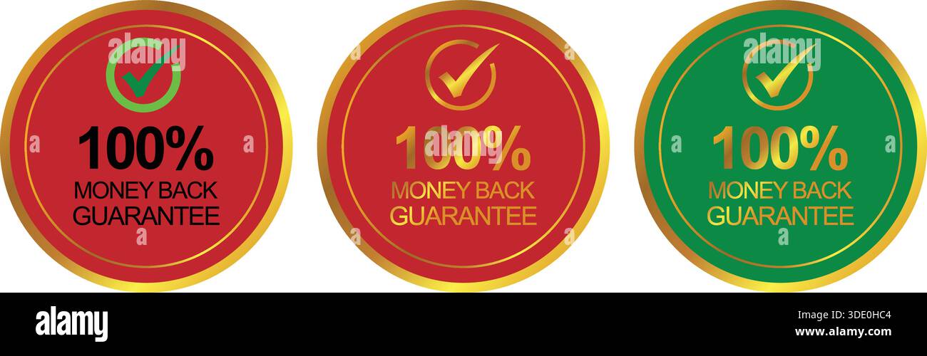 100 % Geld-zurück-Garantieetiketten mit Häkchen in runden Badges Stock Vektor
