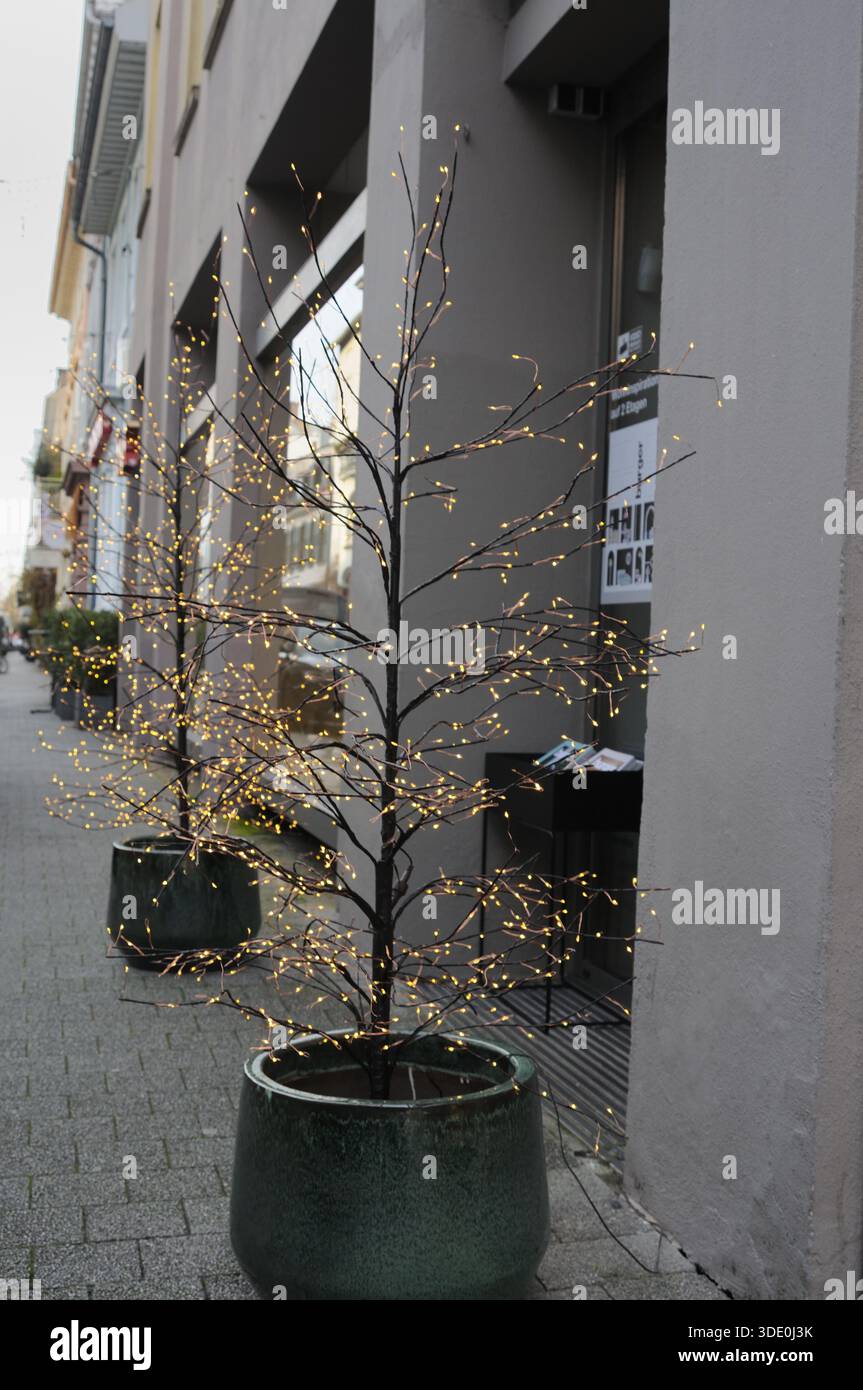 Kleine dekorative Bäume in Pflanzgefäßen mit warmen Lichterketten entlang einer urbanen Straße, gemütliche Atmosphäre und modernes Stadtdesign. Stockfoto