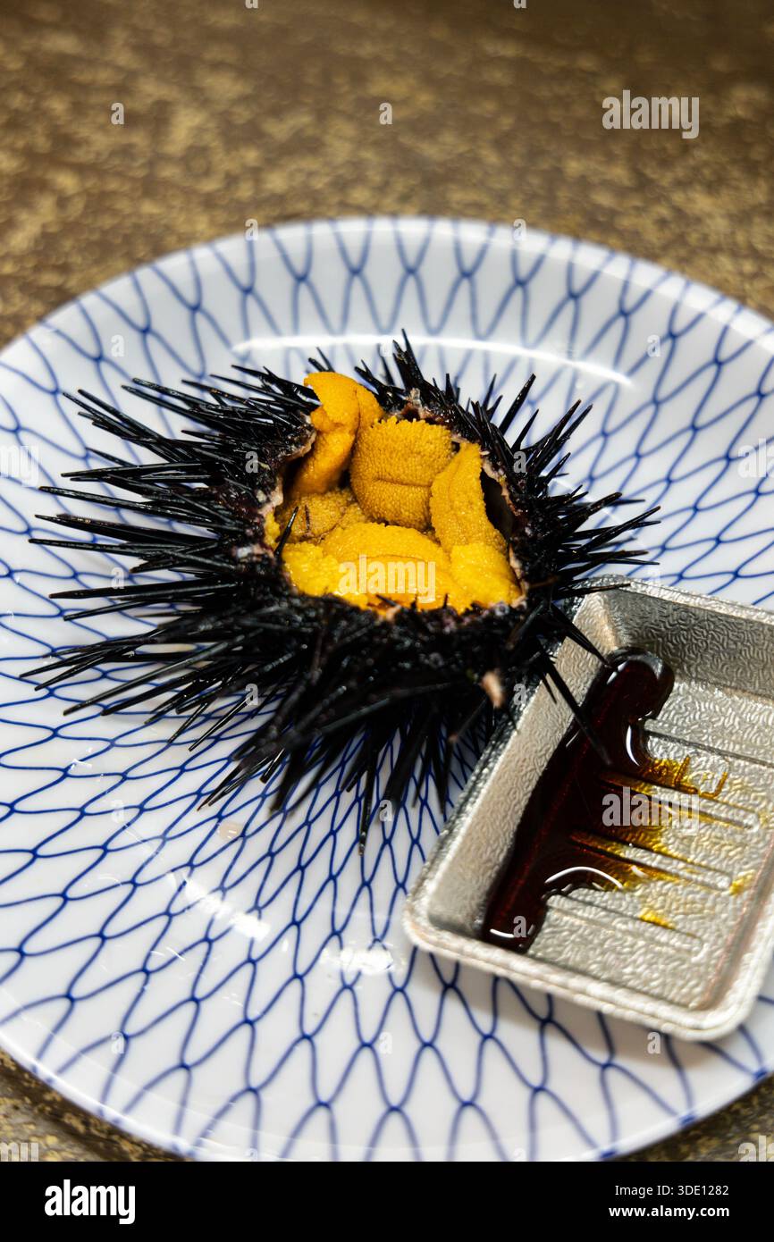 Frischer Uni (Seeigel) auf dem Kuromon Market, Osaka, Japan Stockfoto