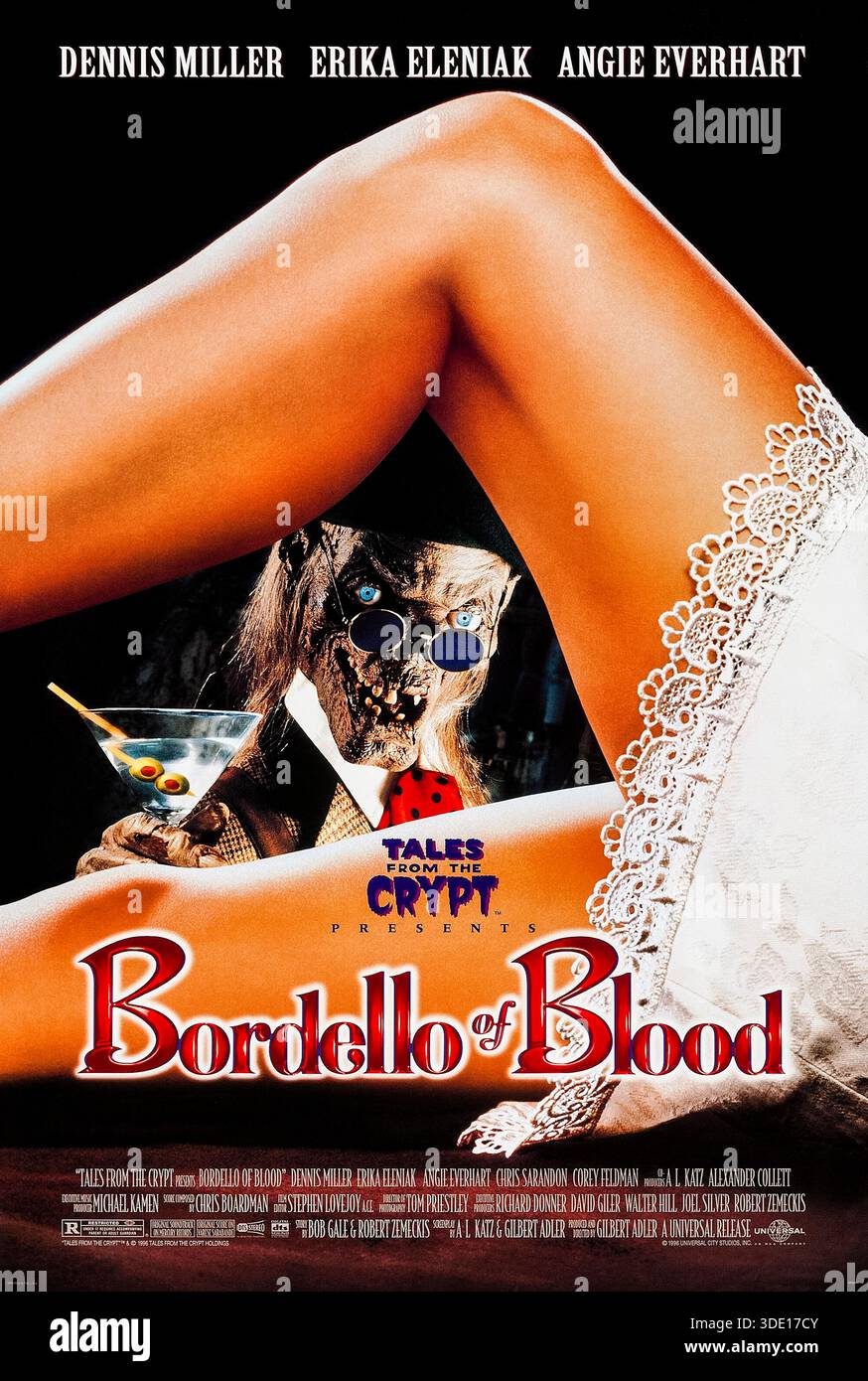 Tales from the Crypt Presents: Bordello of Blood (1996) von Gilbert Adler mit Dennis Miller, Erika Eleniak und Angie Everhart. Ein Privatdetektiv entdeckt ein verstecktes Bordell, das von Vampiren geführt wird, in einem Begräbnishaus, während er nach einem vermissten jungen Mann sucht. Foto eines Original-Posters aus dem Jahr 1996 (USA), das NUR FÜR REDAKTIONELLE ZWECKE VERWENDET WIRD. Quelle: BFA / Universal Pictures Stockfoto