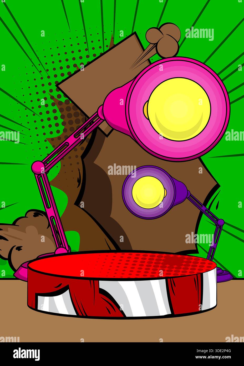 Comic Book Produkt Podium Bühne für Mockup Präsentation mit Office Lampe. Retro-Comics-Hintergrund. Stock Vektor