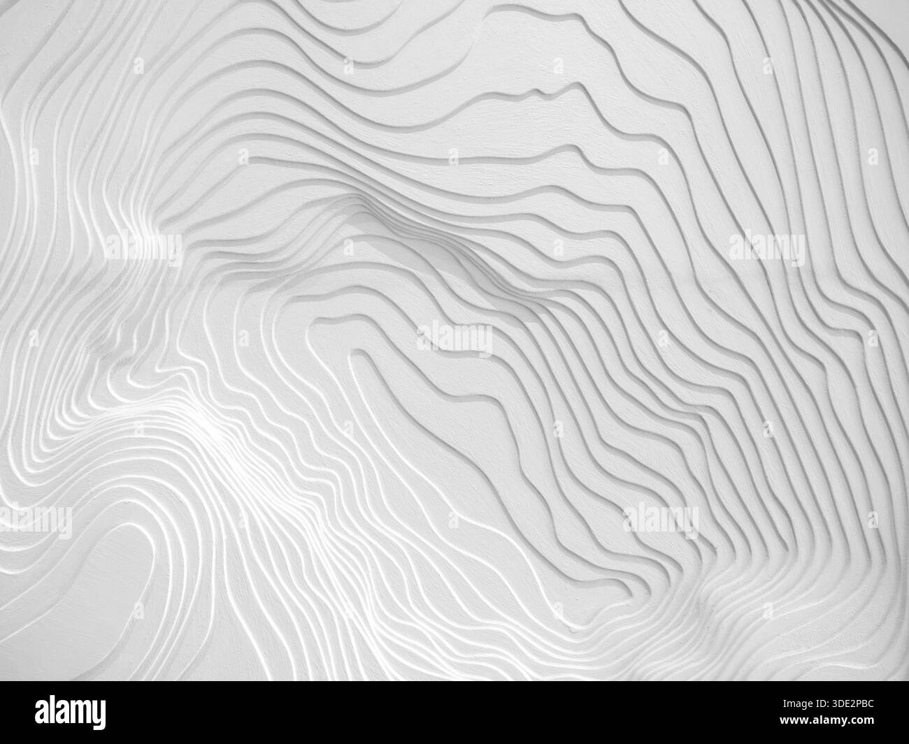 Abstrakter weißer Hintergrund mit gewellten, gekrümmten Linien, die topografischen Karten ähneln. Minimales modernes Texturkonzept, ideal für Design, Mapping und Archite Stockfoto