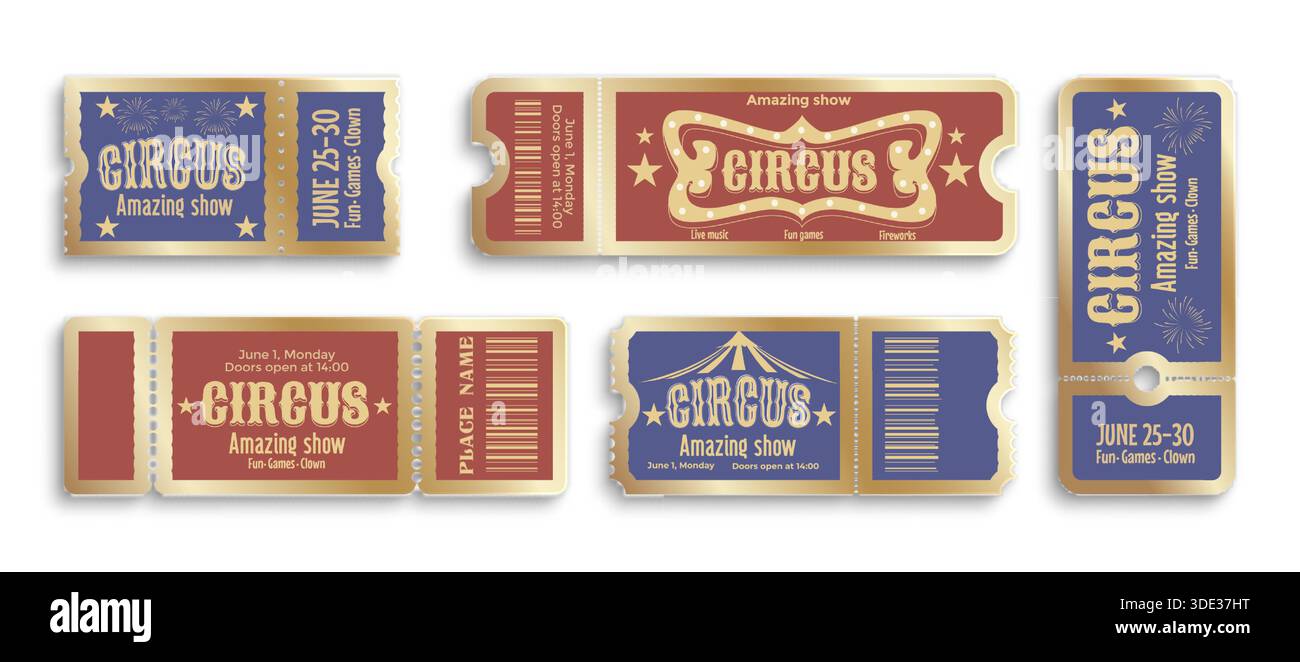 Vintage-Zirkuskarten, isoliert auf weiß. Vektor-realistische Illustration von roten, blauen, goldenen Retro-Karten, Einladung zu einer Theatervorstellung oder einem Fun Fair, Eintrittskarte mit Sitzplatznummer und Barcode Stock Vektor