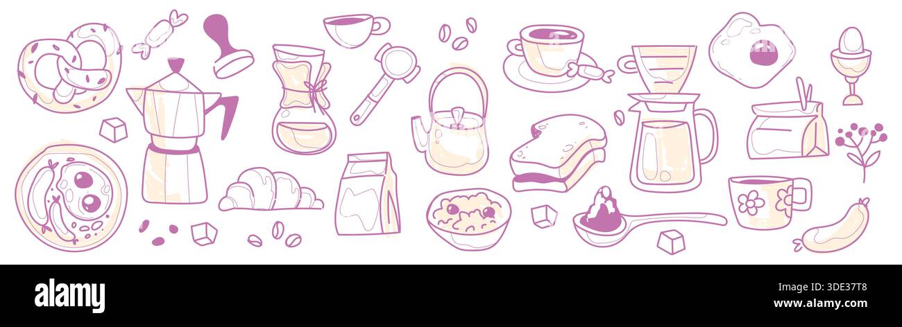 Vintage-Frühstückkreide-Kritzeleien auf weißem Hintergrund. Vektor-Illustration von Kaffeetassen und Wasserkocher, Croissant, Spiegelei auf Teller, Marmelade Toast, Haferflockenschale, frisches Morgenessen, Café-Menü-Symbole Stock Vektor