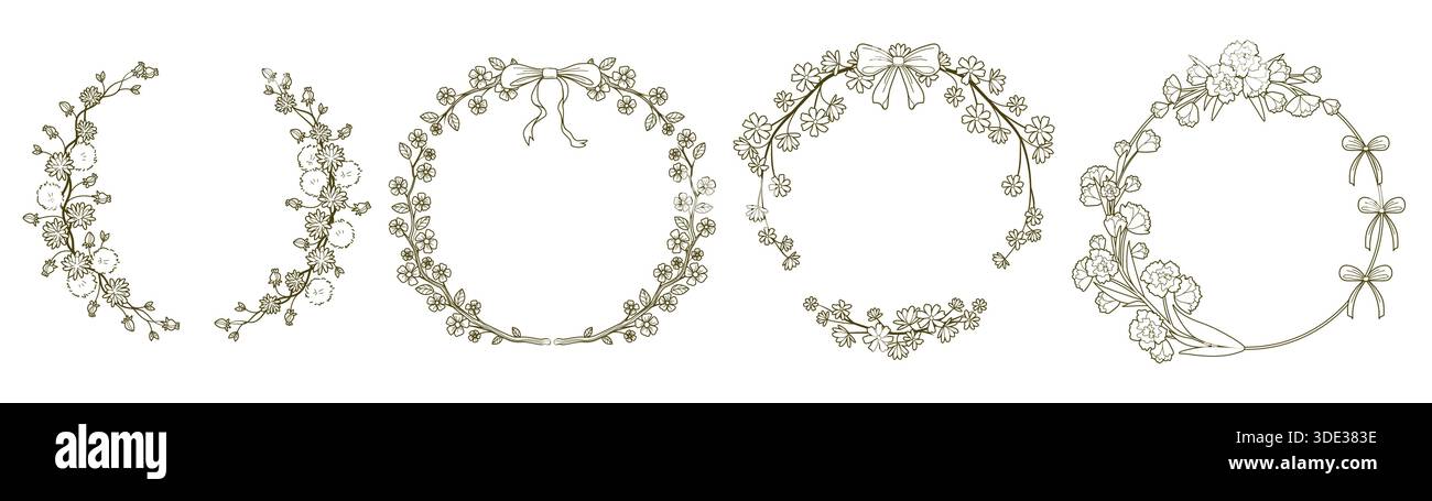 Kollektion mit Blumenrahmen mit zarten Blumen und eleganten Schleifen. Botanische Kranzmotive mit verzierten Borten, grünen Ästen und Bandakzenten. Vintage-Blumenschmuck für Hochzeitseinladungen. Stock Vektor