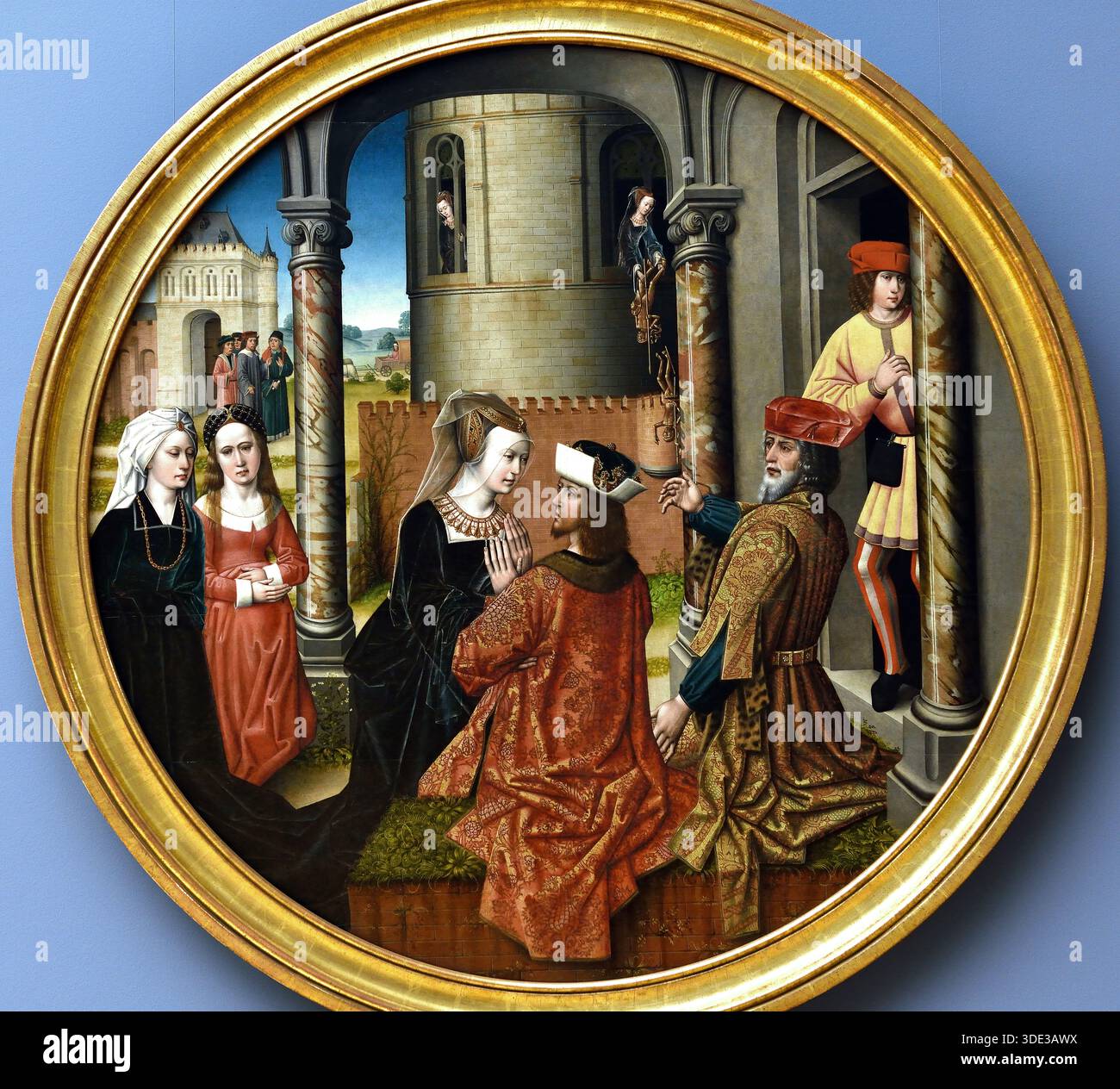 Josephs Begegnung mit Asenath, der Tochter von Potiphar, dem Priester von am 1500, dem Meister von Affligem oder Meister der Joseph-Sequenz 1470–1500, Südholländische Schule Brüssel, Belgien ( Asenath (oder Asenith) ist eine Figur im Buch Genesis, einer ägyptischen Frau, die Pharao Joseph, Sohn Jakobs, gab, um seine Frau zu sein. Sie gebar Joseph zwei Söhne, Manasse und Ephraim, die Patriarchen der israelitischen Stämme Manasse und Ephraim wurden Stockfoto