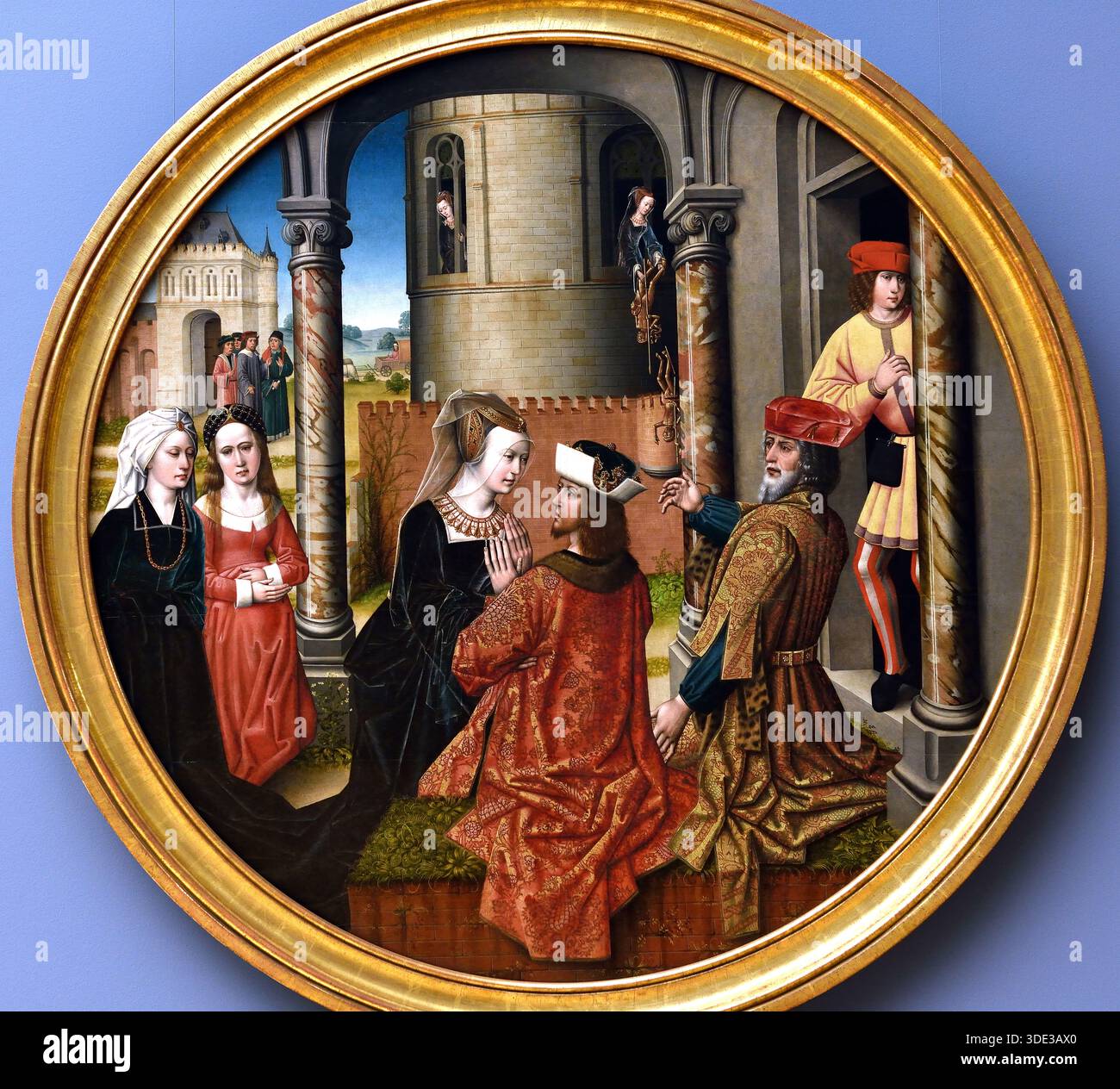 Josephs Begegnung mit Asenath, der Tochter von Potiphar, dem Priester von am 1500, dem Meister von Affligem oder Meister der Joseph-Sequenz 1470–1500, Südholländische Schule Brüssel, Belgien ( Asenath (oder Asenith) ist eine Figur im Buch Genesis, einer ägyptischen Frau, die Pharao Joseph, Sohn Jakobs, gab, um seine Frau zu sein. Sie gebar Joseph zwei Söhne, Manasse und Ephraim, die Patriarchen der israelitischen Stämme Manasse und Ephraim wurden Stockfoto