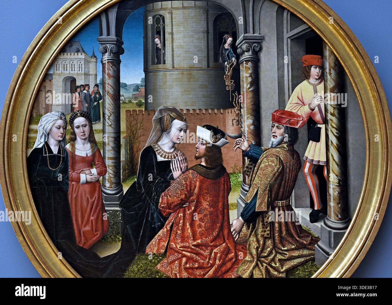 Josephs Begegnung mit Asenath, der Tochter von Potiphar, dem Priester von am 1500, dem Meister von Affligem oder Meister der Joseph-Sequenz 1470–1500, Südholländische Schule Brüssel, Belgien ( Asenath (oder Asenith) ist eine Figur im Buch Genesis, einer ägyptischen Frau, die Pharao Joseph, Sohn Jakobs, gab, um seine Frau zu sein. Sie gebar Joseph zwei Söhne, Manasse und Ephraim, die Patriarchen der israelitischen Stämme Manasse und Ephraim wurden Stockfoto