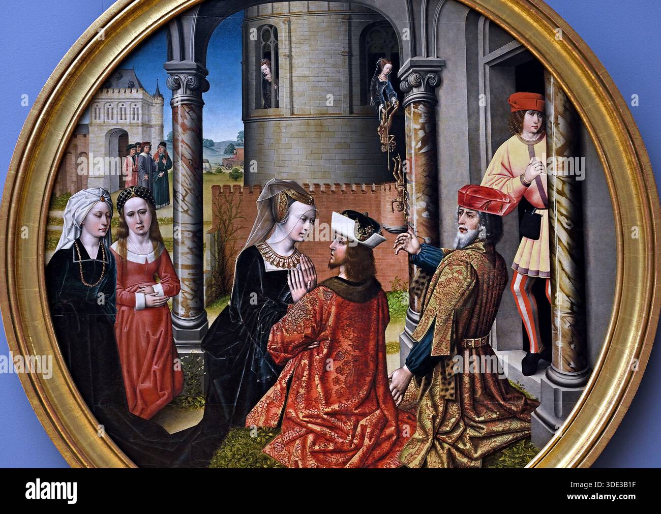 Josephs Begegnung mit Asenath, der Tochter von Potiphar, dem Priester von am 1500, dem Meister von Affligem oder Meister der Joseph-Sequenz 1470–1500, Südholländische Schule Brüssel, Belgien ( Asenath (oder Asenith) ist eine Figur im Buch Genesis, einer ägyptischen Frau, die Pharao Joseph, Sohn Jakobs, gab, um seine Frau zu sein. Sie gebar Joseph zwei Söhne, Manasse und Ephraim, die Patriarchen der israelitischen Stämme Manasse und Ephraim wurden Stockfoto