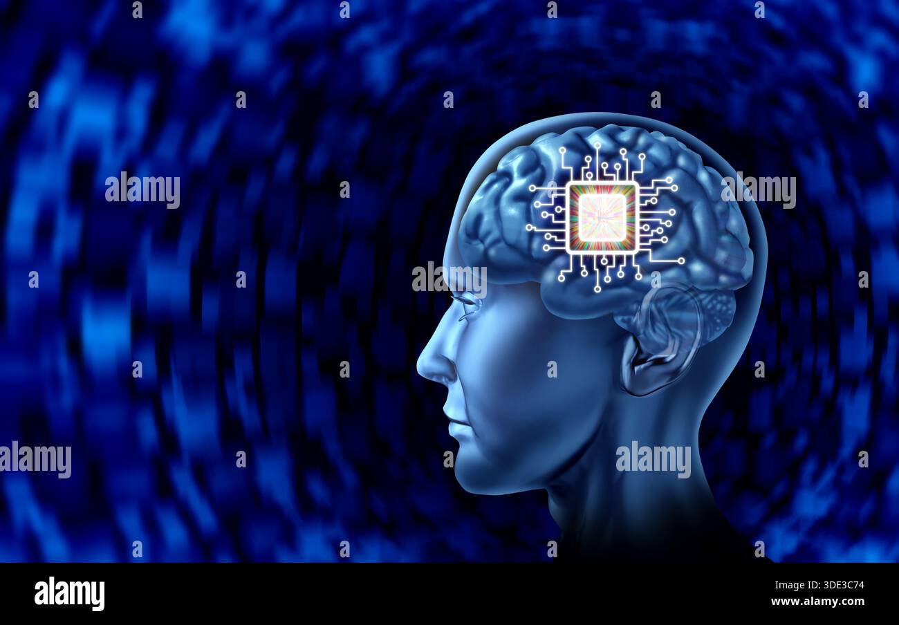 Brain Microchip oder neurales Chip-Implantat als zerebrale Computerschnittstelle und neurologische Mikrochip-Implantate oder technologische Augmentation beim Menschen Stockfoto