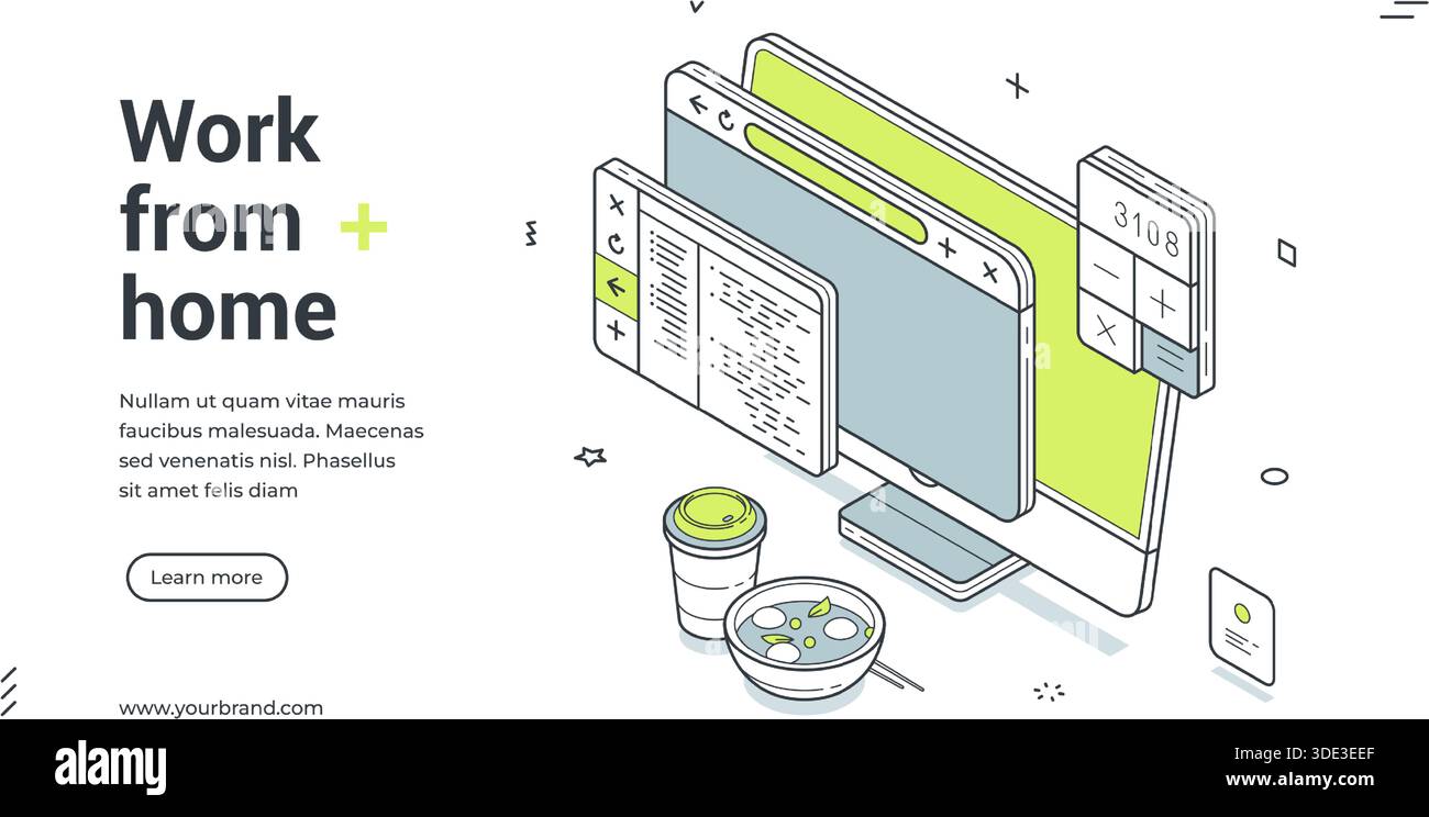 Arbeiten Sie von Home Office Remote freiberuflich Unternehmen isometrische Web Banner Design Vorlage Vektor Illustration. Remote-Internet-Projekt-Codin für Entfernungsjob Stock Vektor