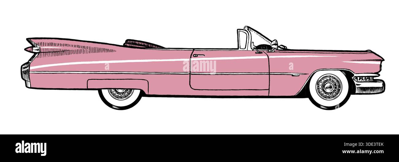 Pink Authentic 1959 Classic Retro Car isoliert auf weißem Hintergrund. Digitale Malerei Zeichentrickstil Illustration Stockfoto