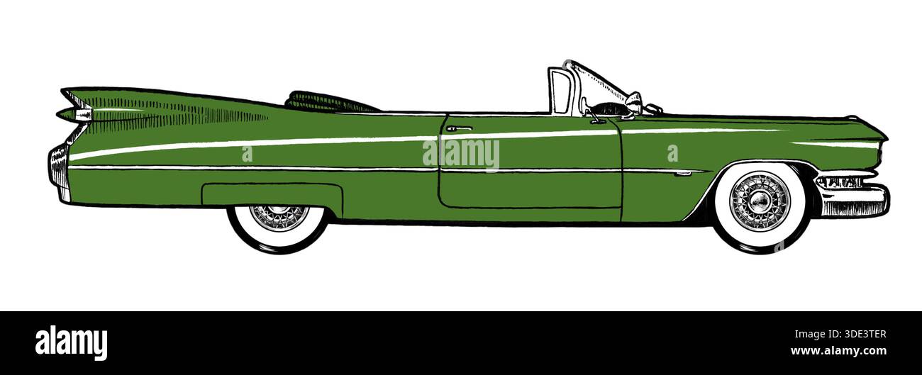 Green Authentic 1959 Classic Retro Car isoliert auf weißem Hintergrund. Digitale Malerei Zeichentrickstil Illustration Stockfoto