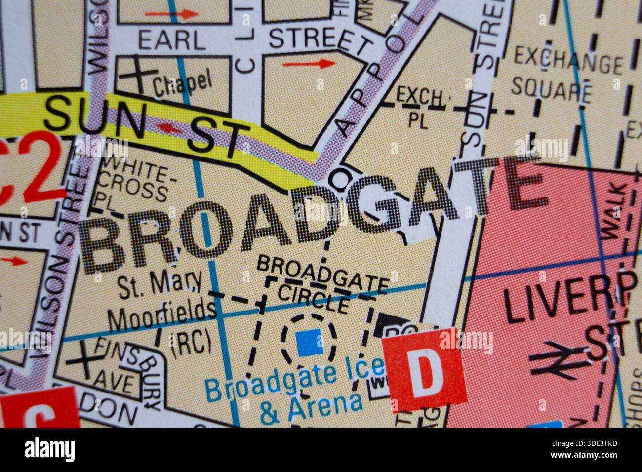 Broadgate - London, England, Vereinigtes Königreich Farb-atlas-Bezirkskarte von etwa 1996 Ortsnamen der Gegend Stockfoto