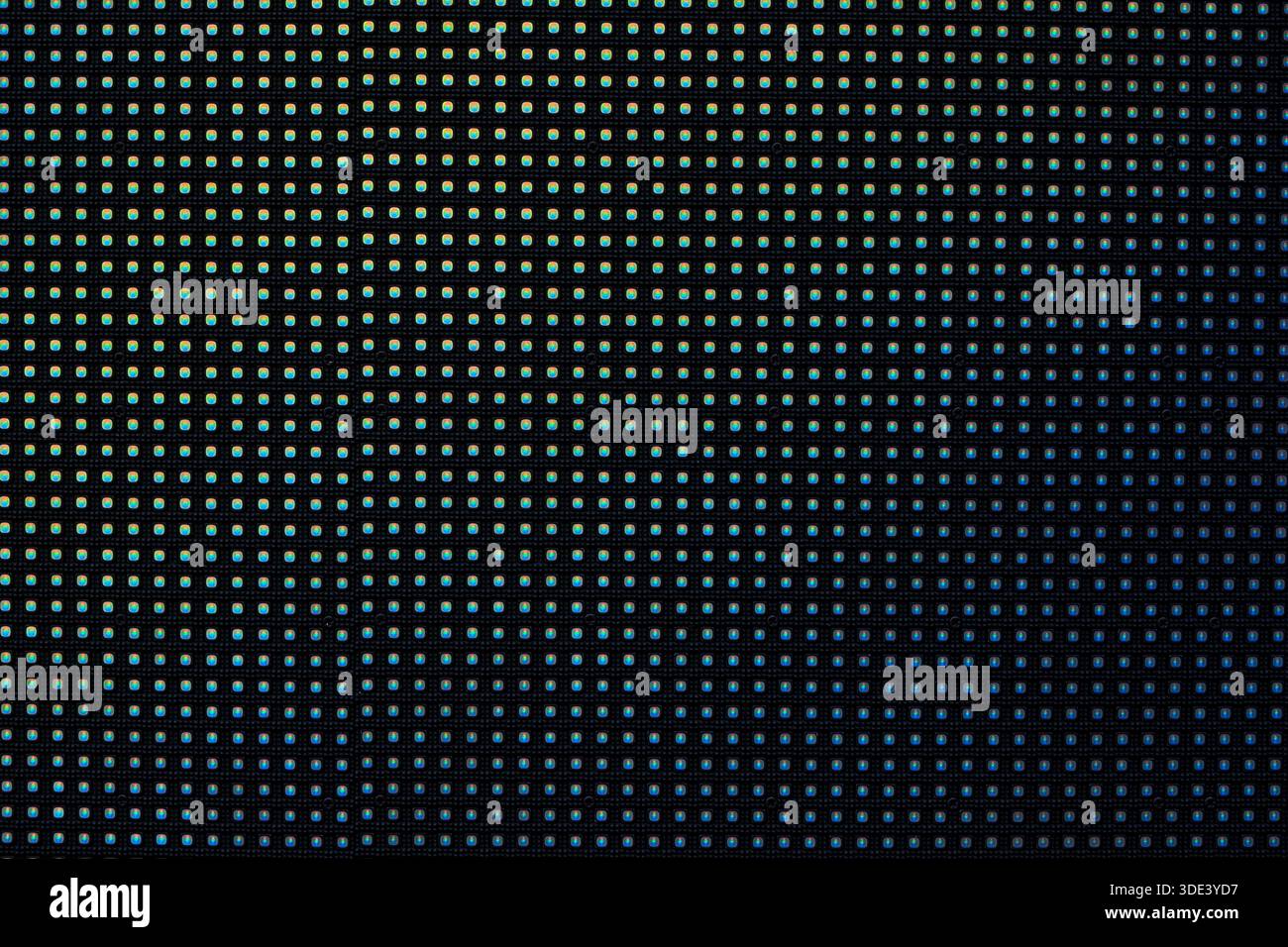 Makrofoto eines hellen LED-Bildschirms, Extreme Nahaufnahme der LCD-Anzeige Pixelraster Stockfoto