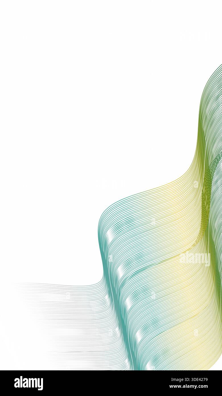 Fließende, mehrschichtige Linien bilden eine elegante abstrakte Welle, die weiche grüne, türkisfarbene und gelbe Verläufe auf einem sauberen weißen Hintergrund verbindet und Bewegung, Harmonie und moderne minimalistische Design-Ästhetik-Kunst vermittelt. Stockfoto