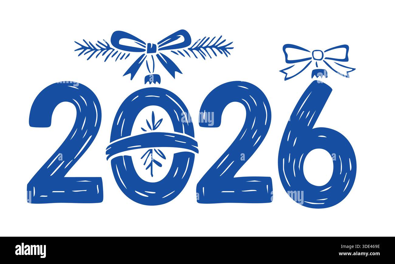 Das stilvolle blaue handgezeichnete Grafikdesign zeigt die Ziffern 2026, die mit festlichen Weihnachtsschmuck, Schleifen und immergrünen Zweigen verziert sind. Stock Vektor