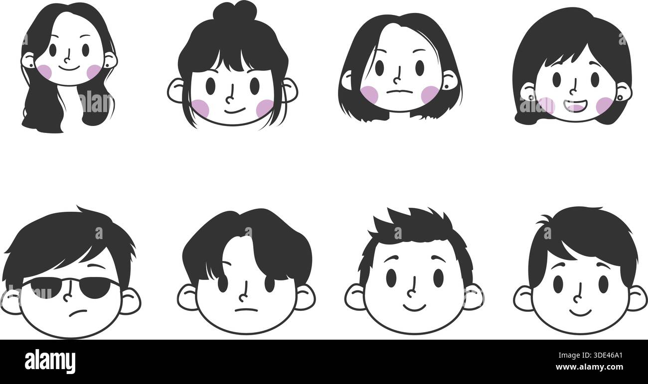 Verschiedene Comic-Gesichter mit verschiedenen Ausdrücken auf schwarzem Hintergrund Stock Vektor