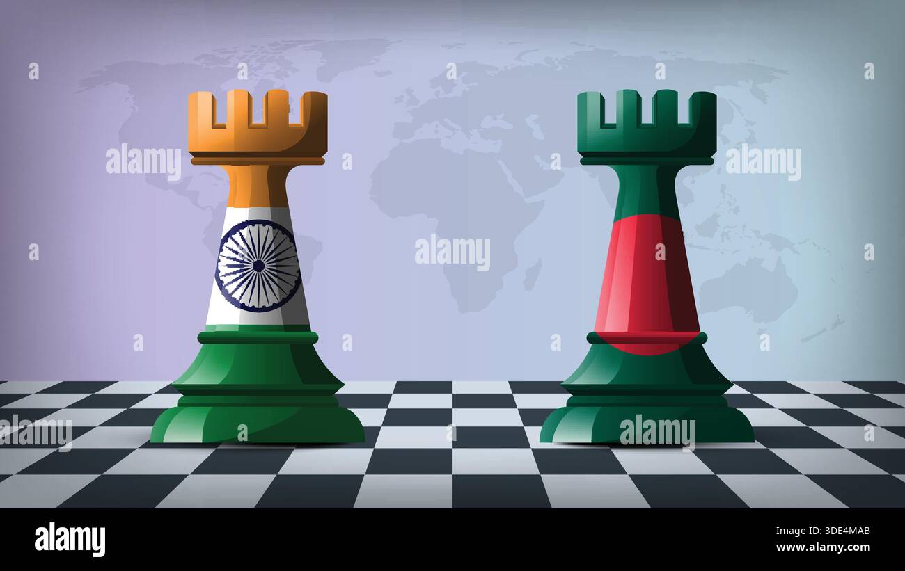 Zwei Standing Rooks, die Indien gegen Bangladesch repräsentieren, mit Flaggen auf Körpern und Weltkarte im Hintergrund Stock Vektor