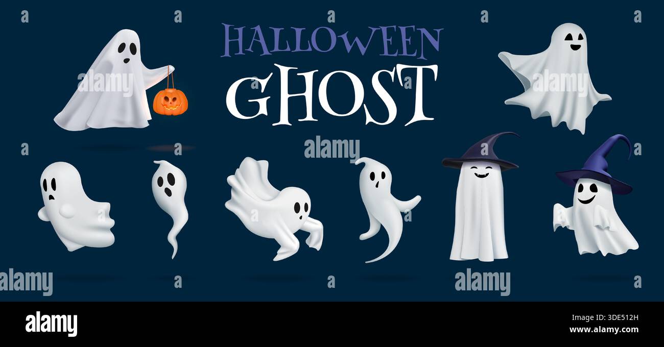 3D Halloween Charaktere. Geistermonster-Comic-Emoji. Süße, böse Emoticons für eine gruselige Comic-Party. Gruseliger Geistergeist fliegt. Herbstferien. Glücklicher oder trauriger Ausdruck der Emotionen im Gesicht. Vektor-Renderset Stock Vektor