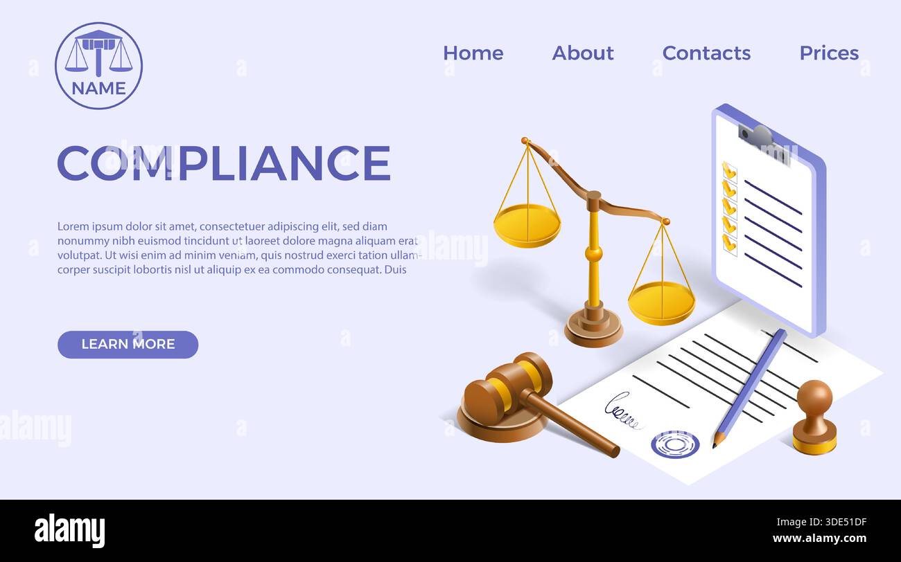 Einhaltung gesetzlicher Vorschriften. Isometrische 3D-Landing-Page für gesetzliche Vorschriften. Ethik- oder Richtlinienregel für das Dokumentenverfahren des Unternehmens. Website-Design-Vorlage. Beurteilen Sie Skala und Hamel. Vertragsunterzeichnung. Vektorhintergrund Stock Vektor