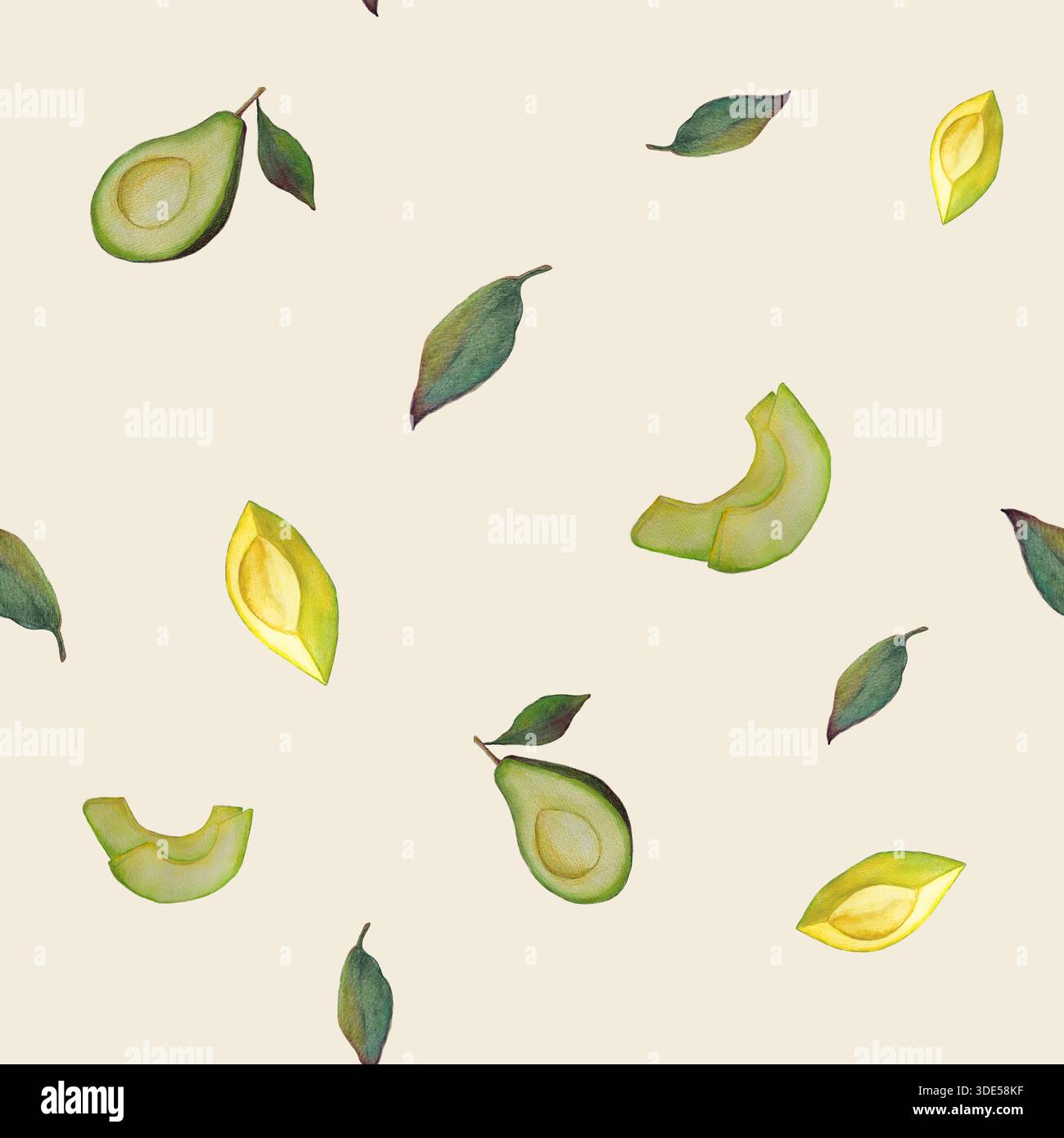 Handgemaltes nahtloses Aquarellmuster mit Avocadofrüchten, Scheiben und grünen Blättern auf einem weichen hellen Hintergrund. Natürliches Bio-Lebensmittelillustrat Stockfoto