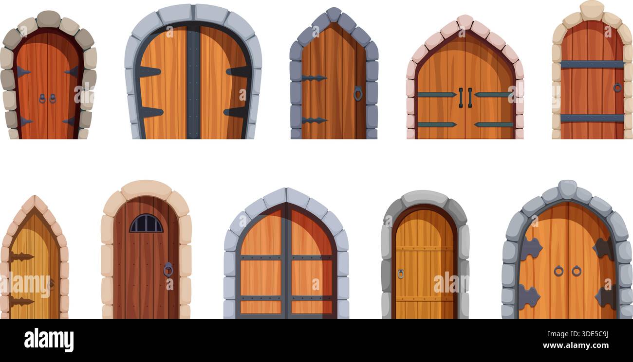 Türen im alten Stil von Zeichentrickfilmen. Mittelalterliche Tür der Burg, Palast, Steinmauer. Vintage Holzsteine Eisenarchitektur Außenelemente, sapid Vektor Design Stock Vektor