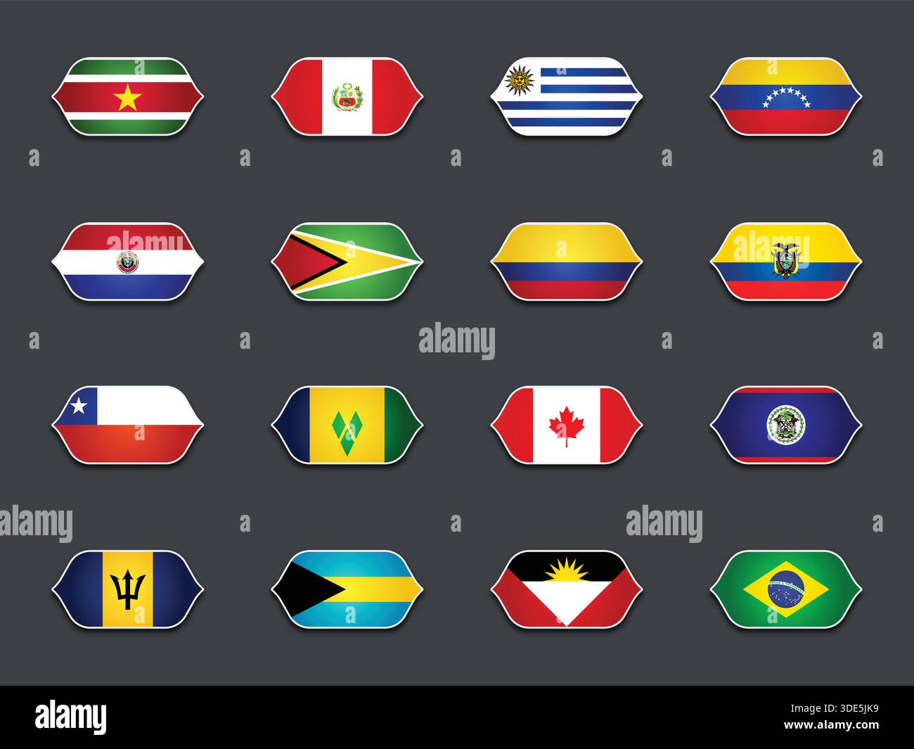 Set von Flags in verschiedenen Formen, die auf dunklem Hintergrund isoliert sind Stock Vektor