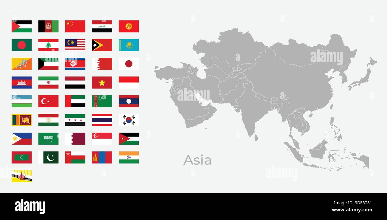 Vektorkarte Asiens mit regionalen Grenzen und allen afrikanischen Länderflaggen Stock Vektor