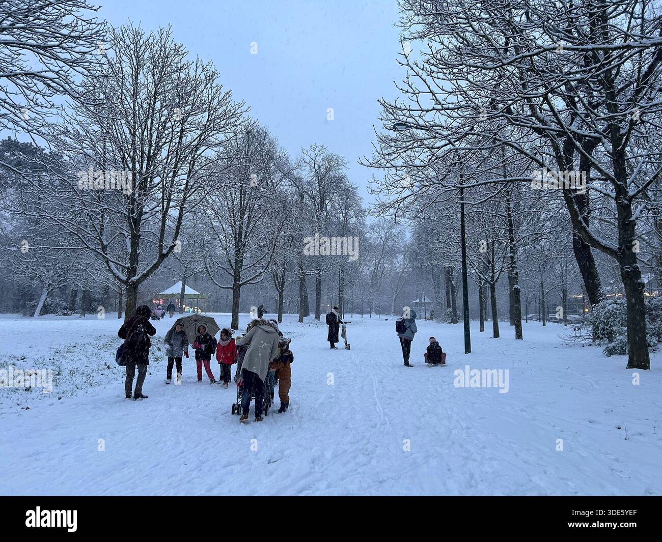 Paris, Frankreich, Straßenszenen, Schneesturm, Menschenmassen, Kinder spielen, Urban Park, (Bois de Vincennes), Winter, extreme Wetterbedingungen Stockfoto