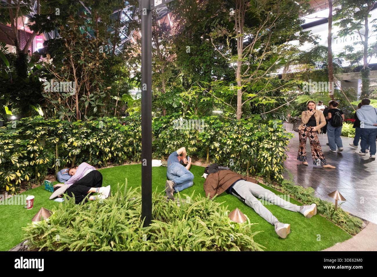 Die Menschen entspannen sich in einem üppigen Innengarten am Hamad International Airport in Doha, Katar Stockfoto