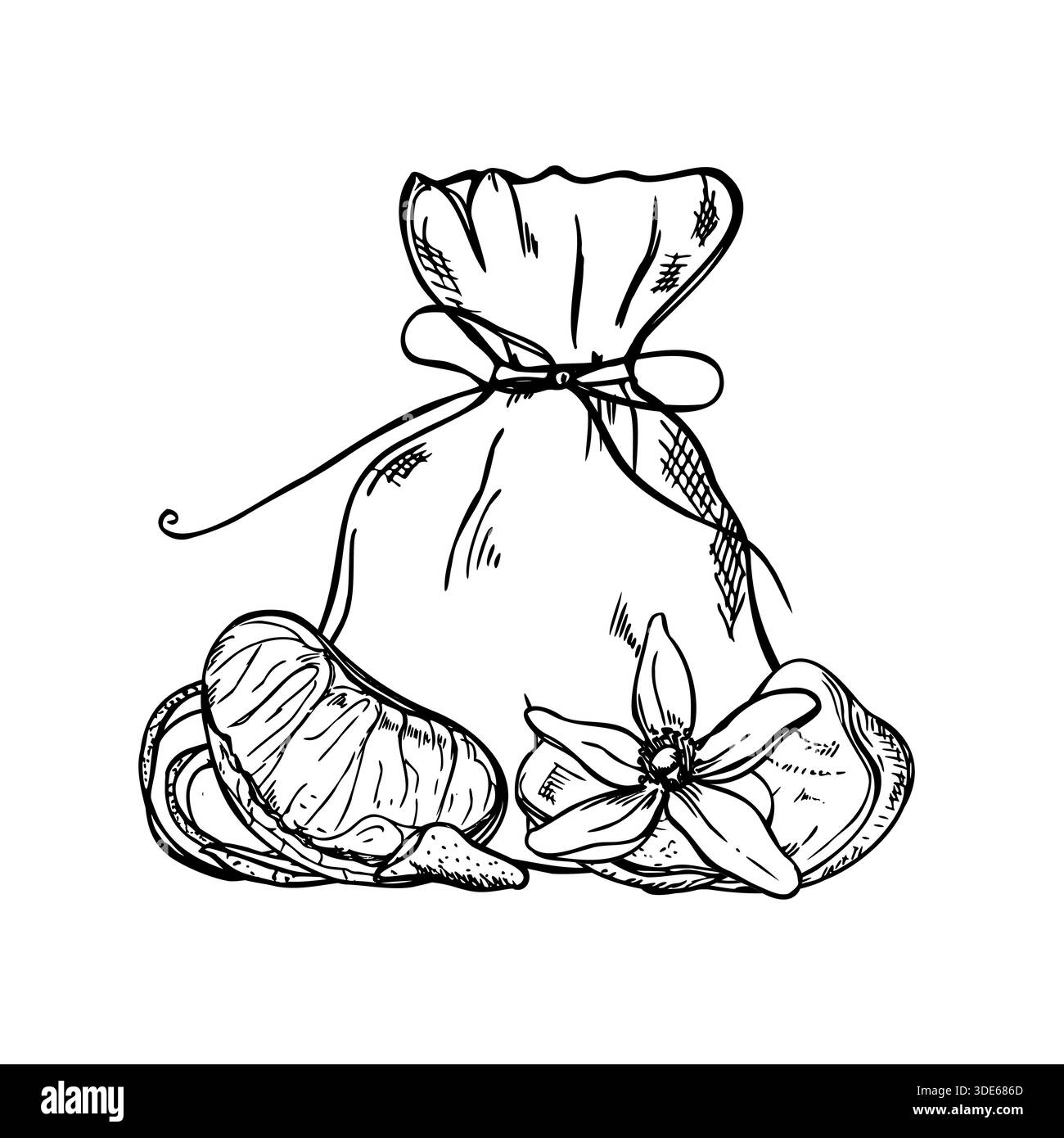 Getrocknete Früchte, Zitrusschalen und Blüten im Baumwollsack gebunden mit Seil Vektor isolierte Illustration. Einfarbiger aromatischer Beutel zur Lagerung von Fruchtstücken, Stock Vektor