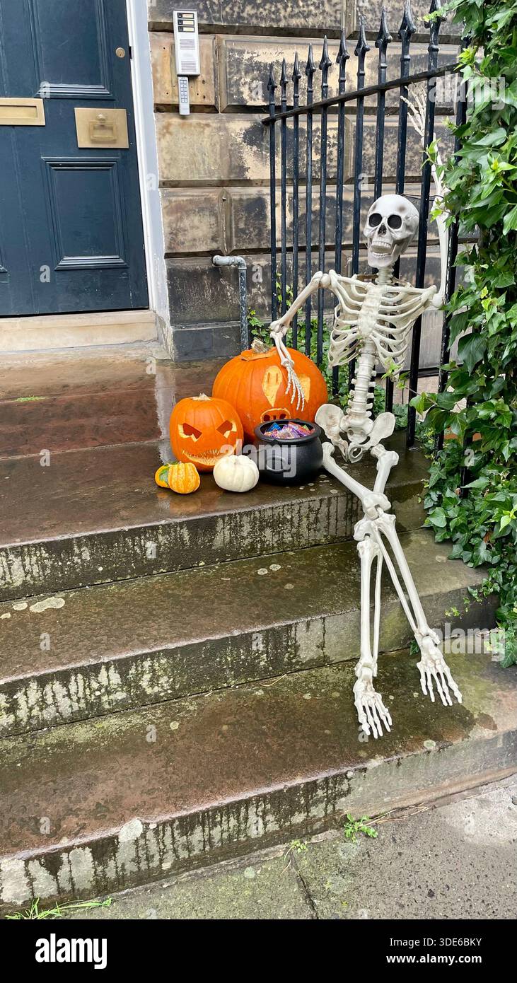 Ein Skelett befindet sich an Halloween zwischen den Kürbissen an einer Westtür in der New Town, Edinburgh Schottland - Smartphone-aufgenommenes Stockfoto
