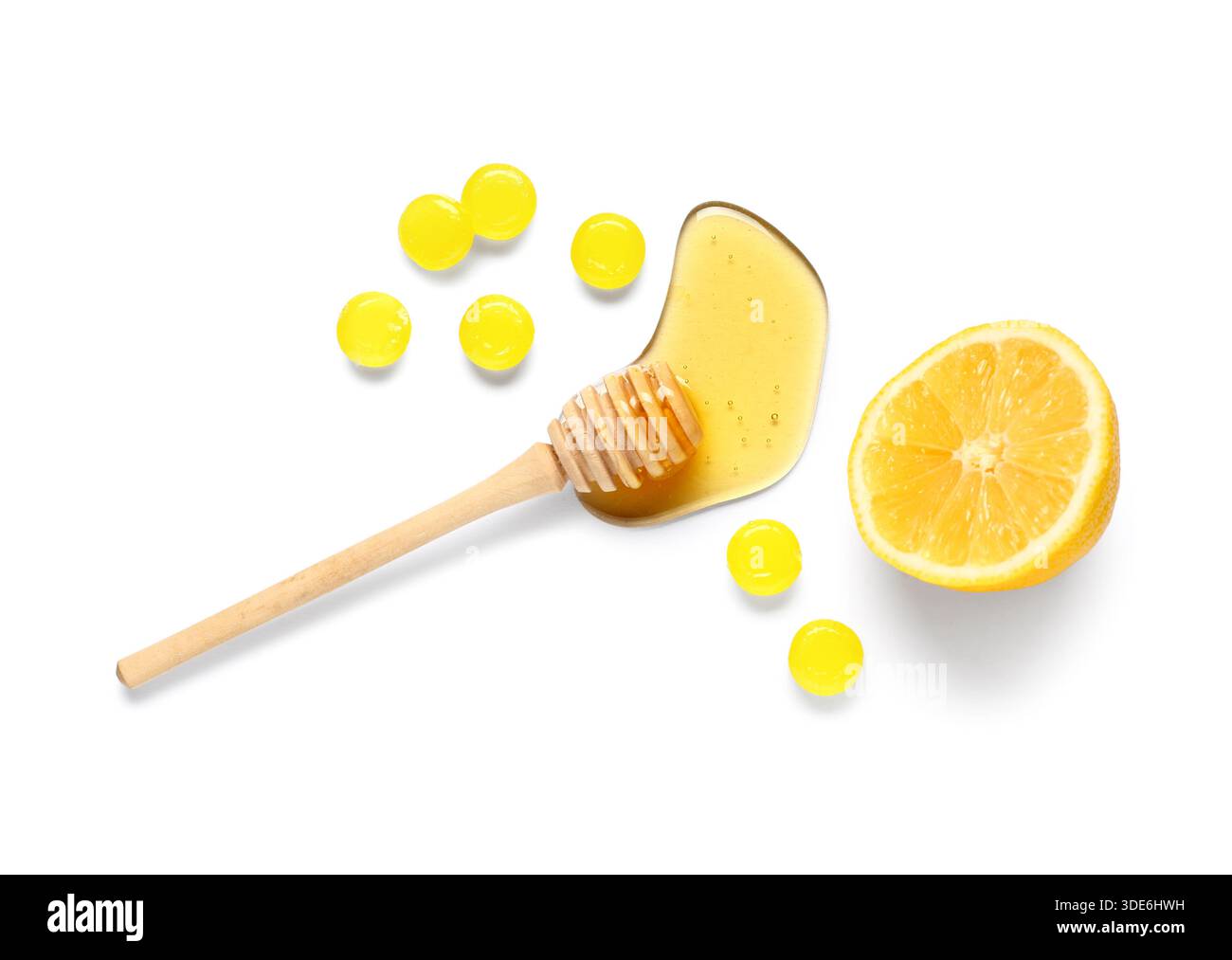 Hustentropfen mit Honig und Zitrone auf weißem Hintergrund Stockfoto
