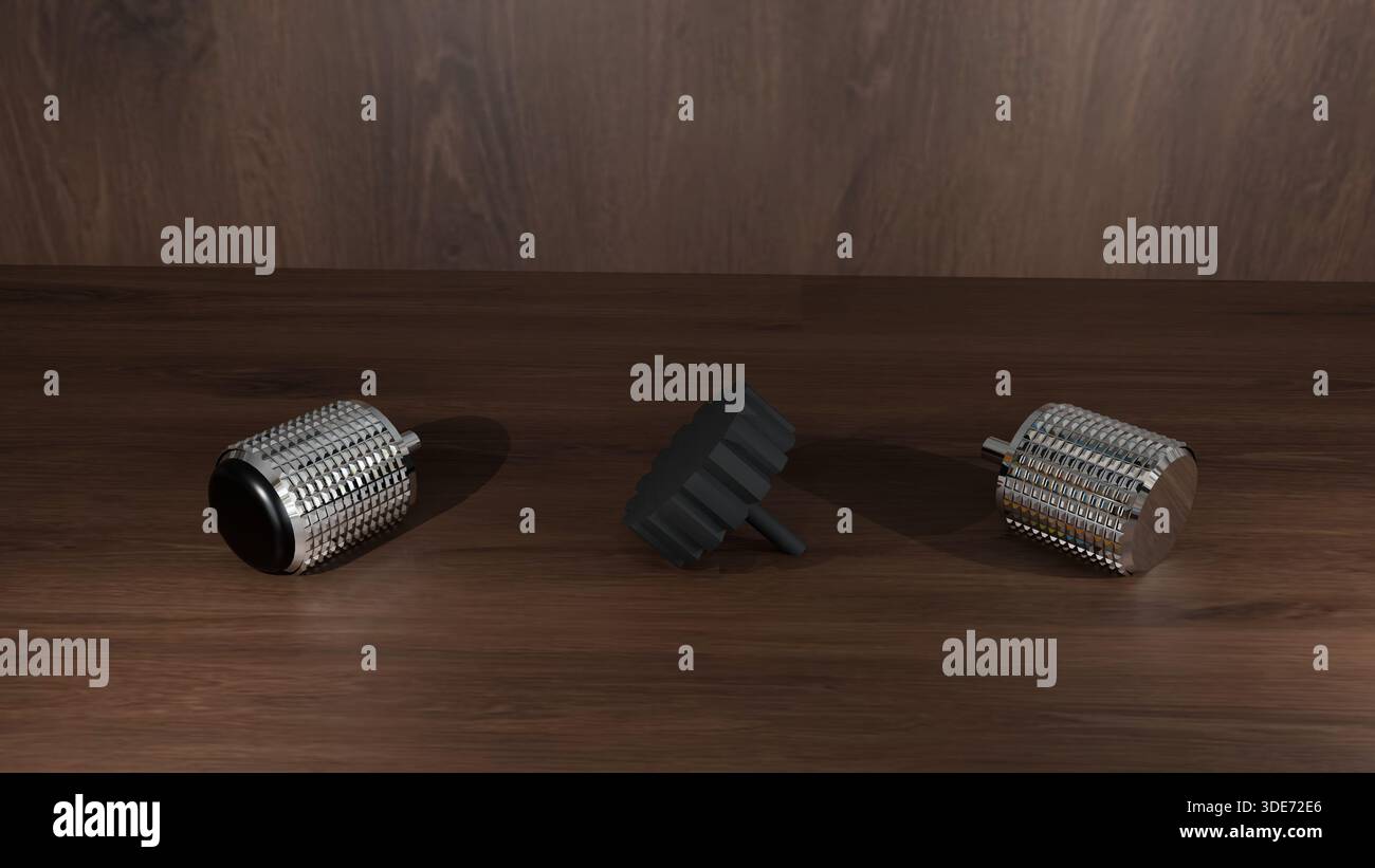 Realistische Darstellung eines 3D-Modells von losen Potentiometern auf einer Holzoberfläche. Stockfoto