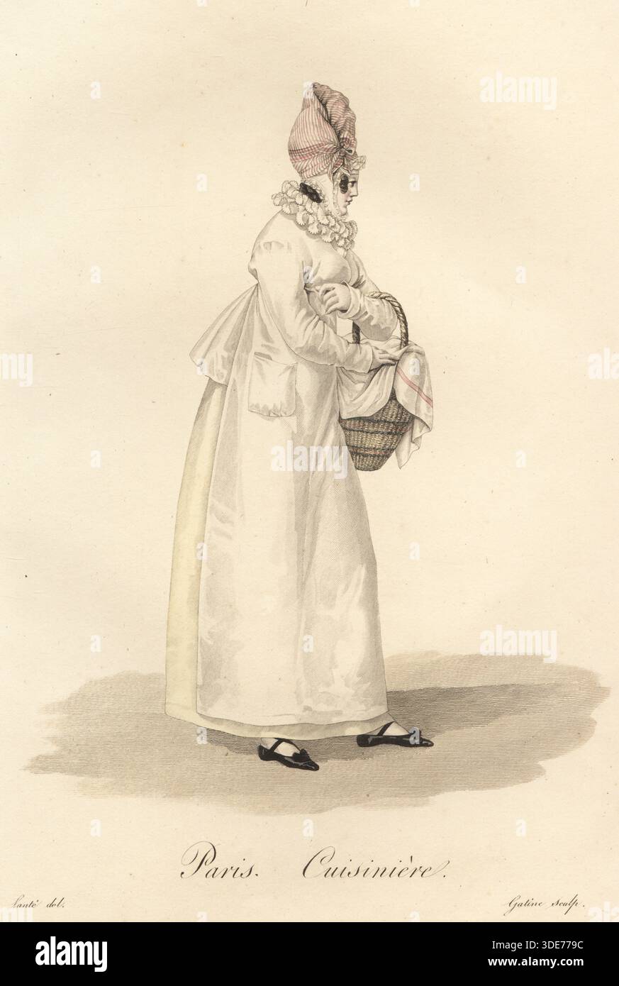 Küchenchef oder Caterer, Paris, Anfang des 19. Jahrhunderts, mit gestreifter Fichu-Mütze, elisabethanischem Kragen mit Rüschen, weißem Oberteil, cremefarbenem Unterrock, langer weißer Schürze. Mit einem überdachten Korb mit Lebensmitteln. Cuisiniere. Handkolorierter Kupferstich von Georges Jacques Gatine nach einer Illustration von Louis-Marie Lante aus Ouvrieres de Paris, Paris, 1823. Stockfoto