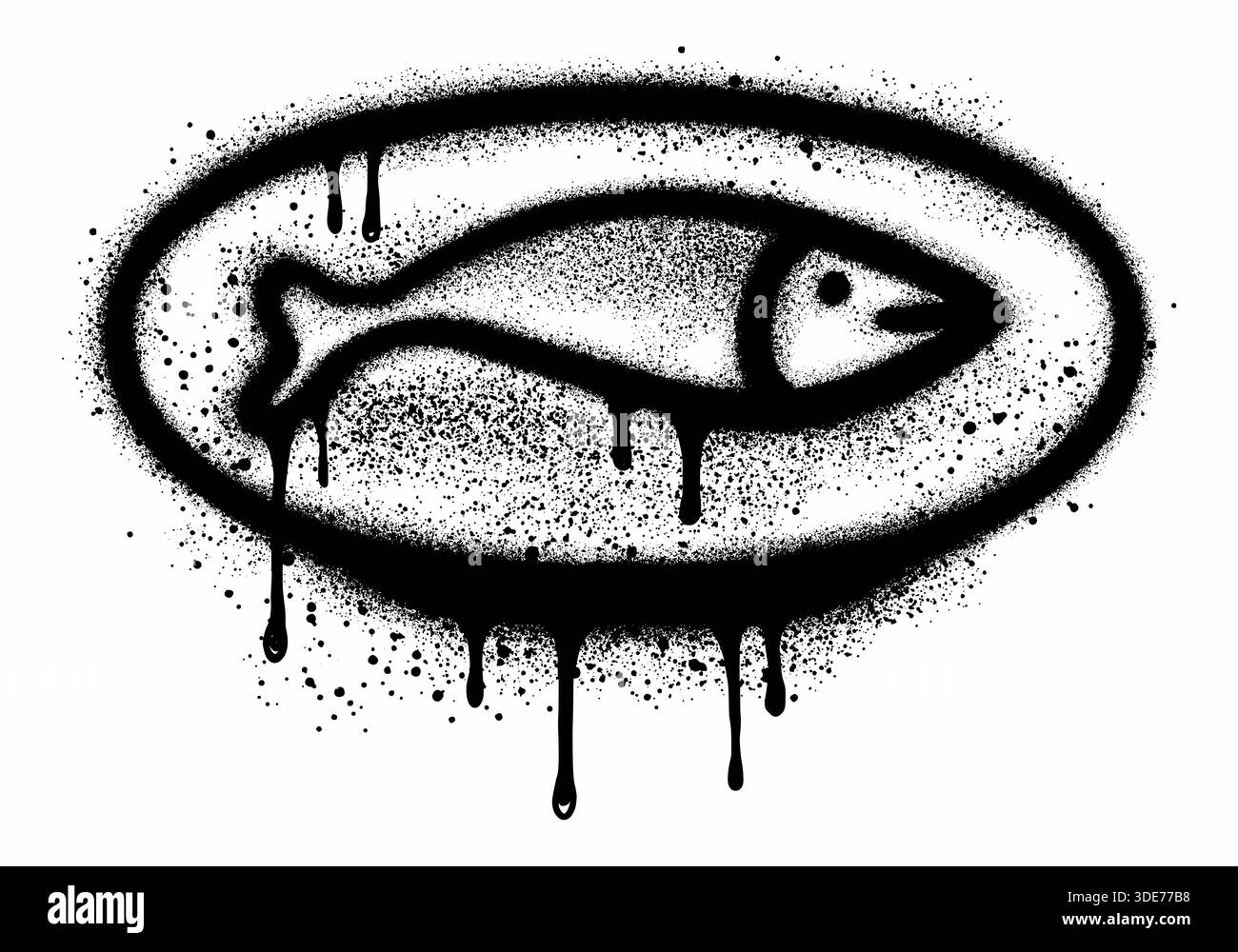 Gebratener Fisch im Graffiti-Stil mit schwarzer Sprühfarbe. Stockfoto