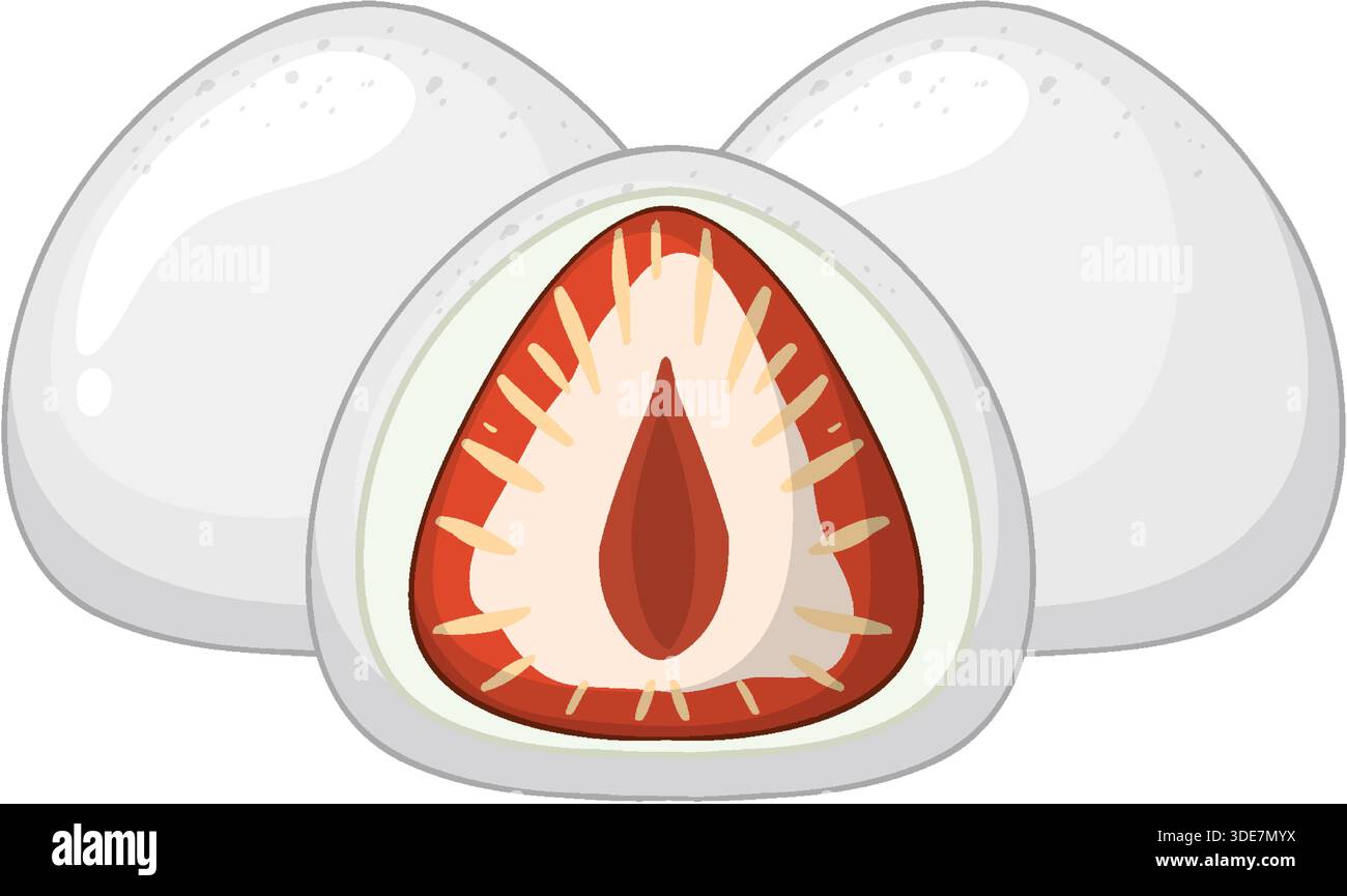 Drei Mochi-Desserts, einer in Scheiben geschnitten, um Erdbeerfüllung zu enthüllen, sauberer Vektor-Stil, weiche Farben Stock Vektor