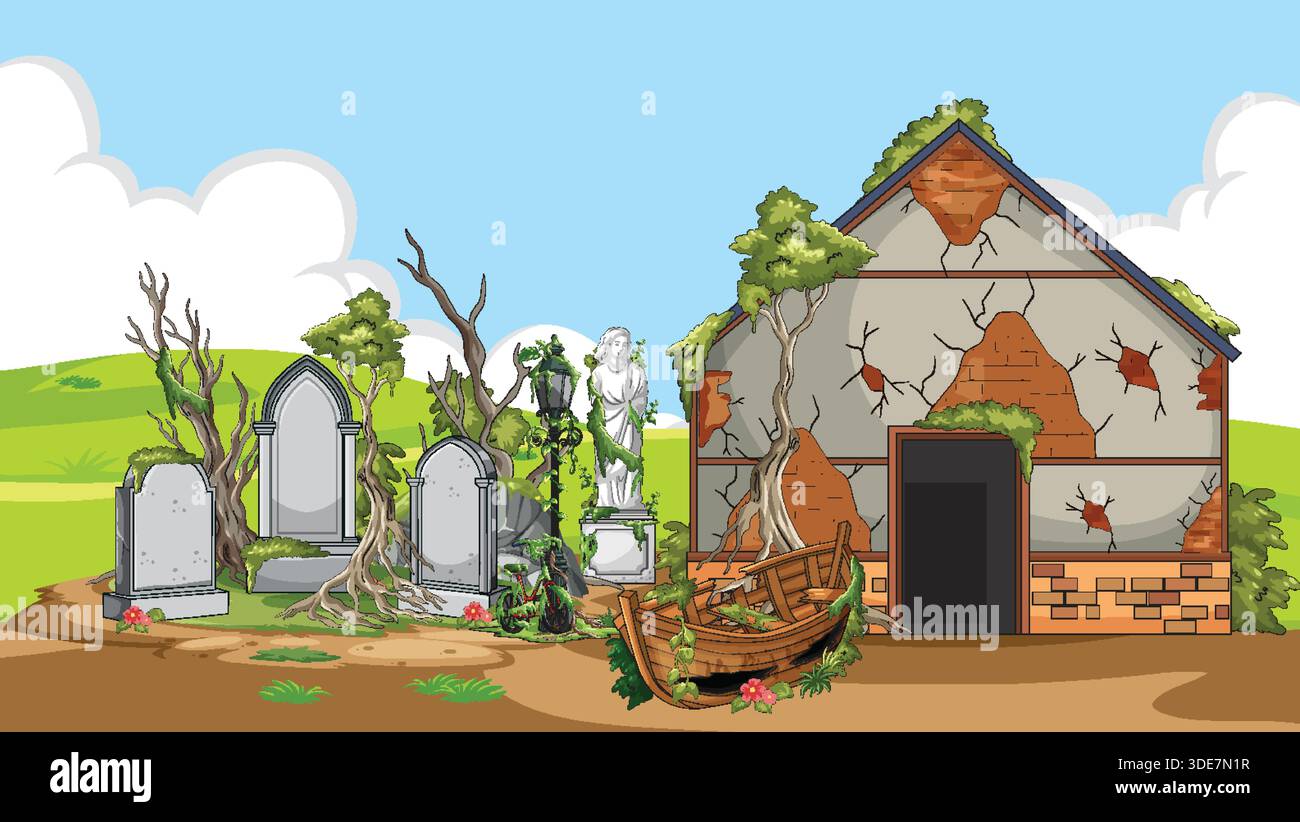 Cartoonvektor von bewachsenem Friedhof und zerrissenem Haus unter hellem Tageslicht, detaillierter flacher Stil Stock Vektor