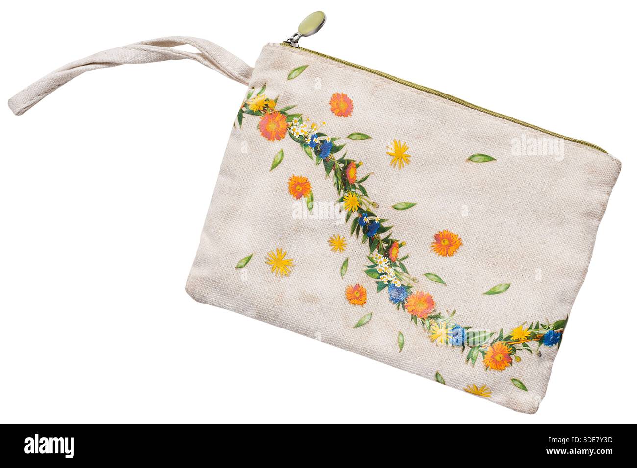 Canvas-Tasche mit Reißverschluss und Blumenmuster isoliert über weiß Stockfoto