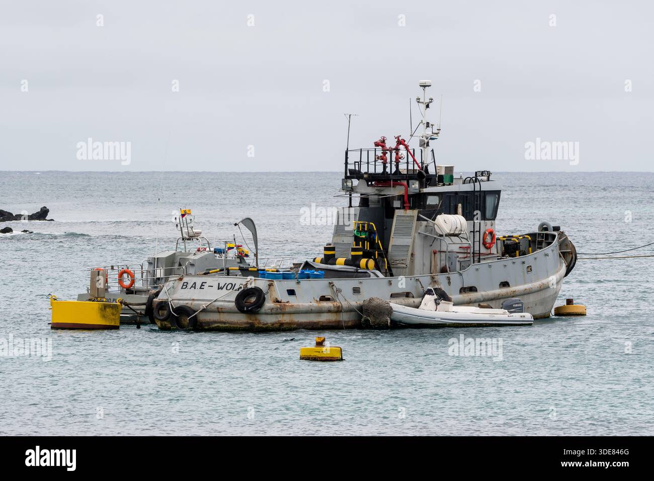 Schleppboot, BAE-WOLF, Arbeitsboot, Schlepp- oder Hafenbetrieb, Schwerlast-Kotflügel, Feuerwächter, kleines aufblasbares Tenderboot, Puerto Baquerizo Moreno, Stockfoto