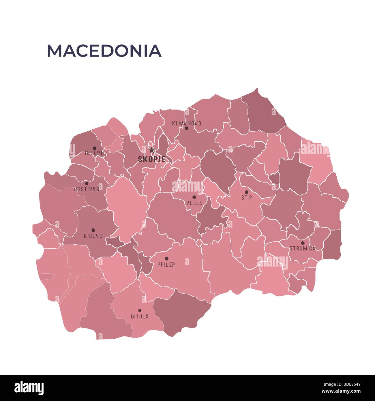 Karte von MAZEDONIEN mit Regionen Grenzen und berühmten Städten Stock Vektor