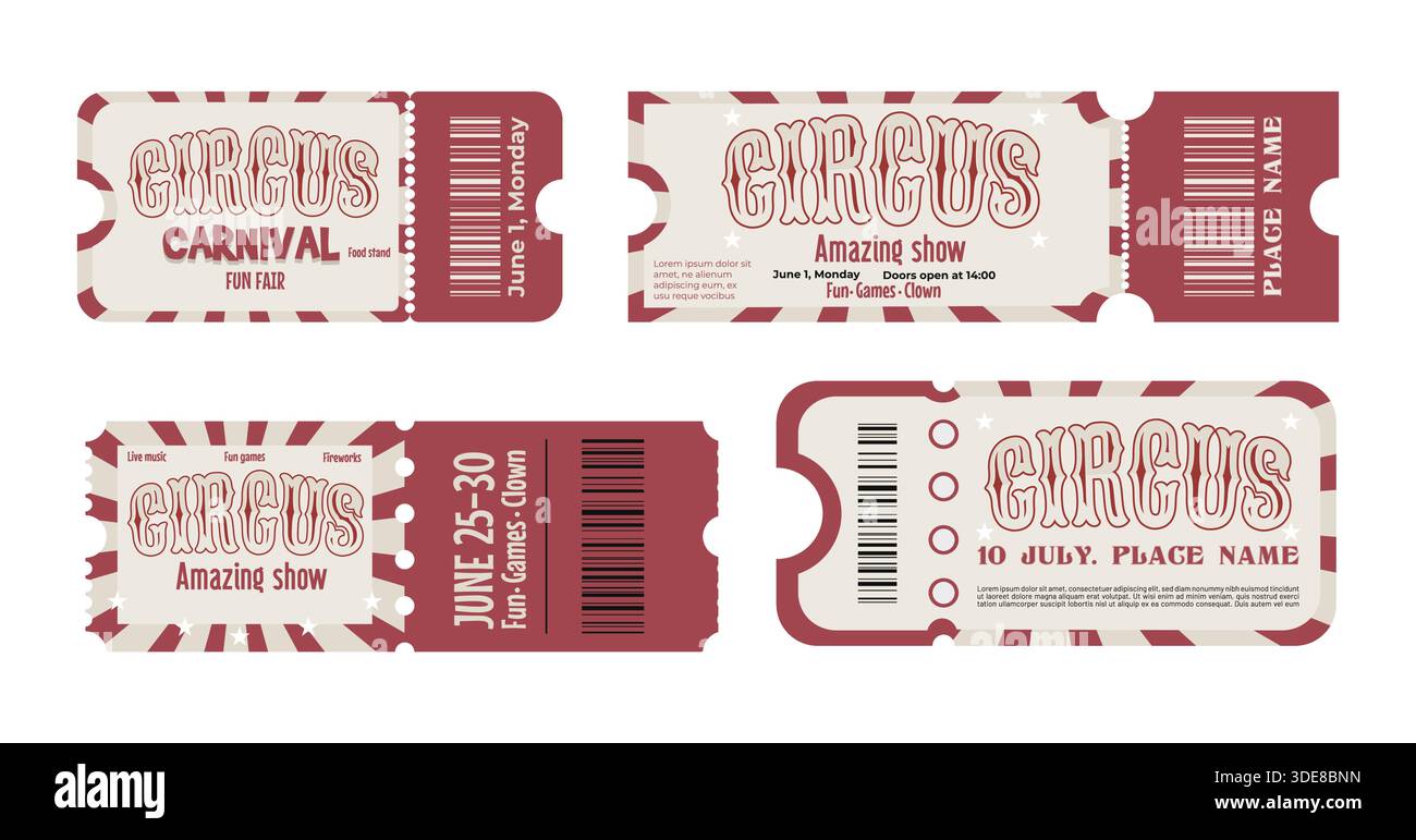 Vintage-Zirkuskarten, isoliert auf weiß. Vektor-realistische Illustration von roten und weißen Retro-Karten, Einladung zu Theatervorstellungen oder Fun Fair, Eintrittskarte mit Sitzplatznummer und Barcode Stock Vektor