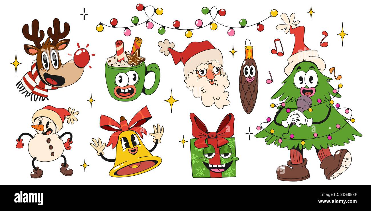 Groovige Retro-Xmas-Zeichentrickfigur mit lustigen Weihnachtsmaskottchen - ausdrucksstarkes Rentier und Weihnachtsmann, Schneemann und Weihnachtsbaum, Geschenkbox und Kaffeetasse. Verspielte Elemente für festliches Design. Stock Vektor