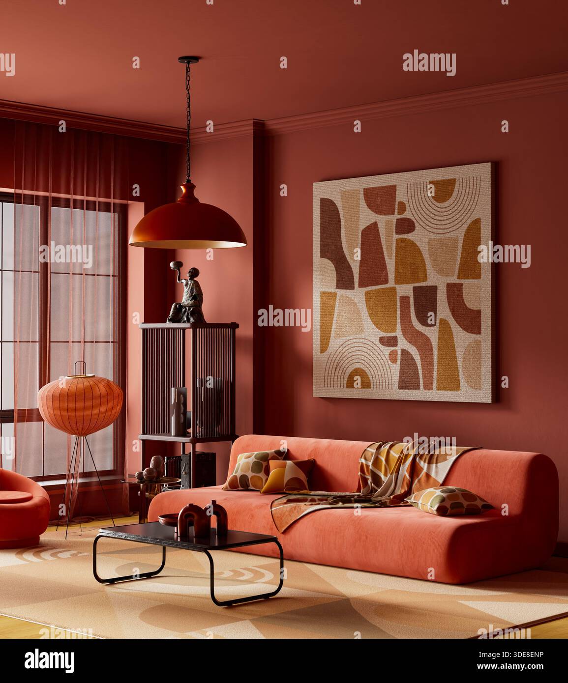 Konzeptionelle Wohnzimmereinrichtung mit warmen Terrakottatönen, geschwungenen Möbeln und abstrakten Wandbildern. Die sanfte Umgebungsbeleuchtung sorgt für ein markantes, modernes Design Stockfoto