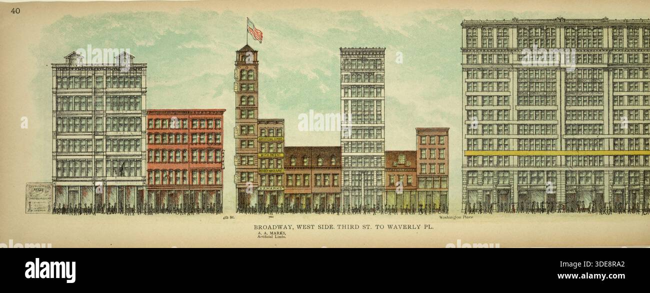 Broadway, West Side, Third Street zum Waverly Place, New York, Manhattan, Amerika, USA. Historische, authentische, digital restaurierte Reproduktion eines Originals aus dem Jahr 1899, erschienen bei Mail & Express, exaktes Datum der Darstellung unbekannt. Stockfoto